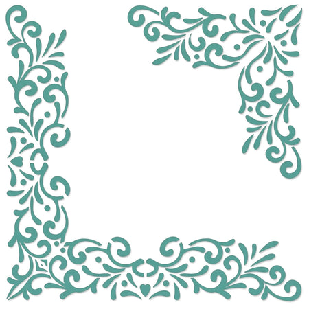 Teal floral scrollwork paint stencil, featuring elegant corner designs for crafting and decorative projects.