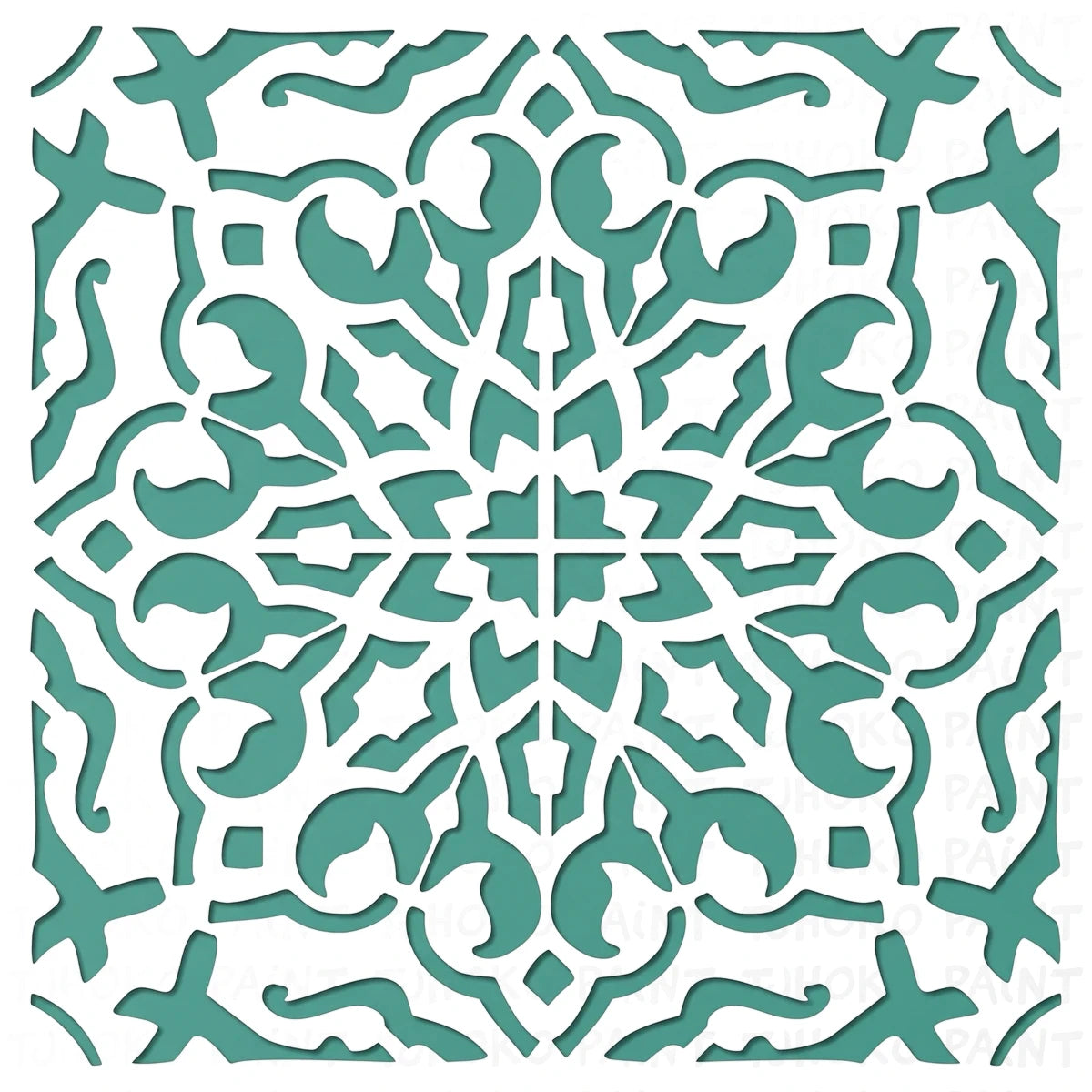 Teal green paint stencil with an intricate symmetrical floral and geometric mandala pattern for home decor projects.