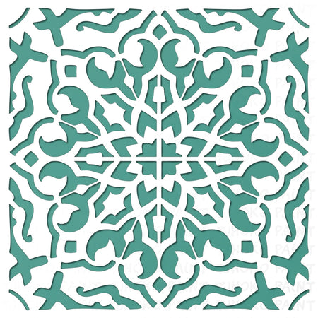 Teal green paint stencil with an intricate symmetrical floral and geometric mandala pattern for home decor projects.