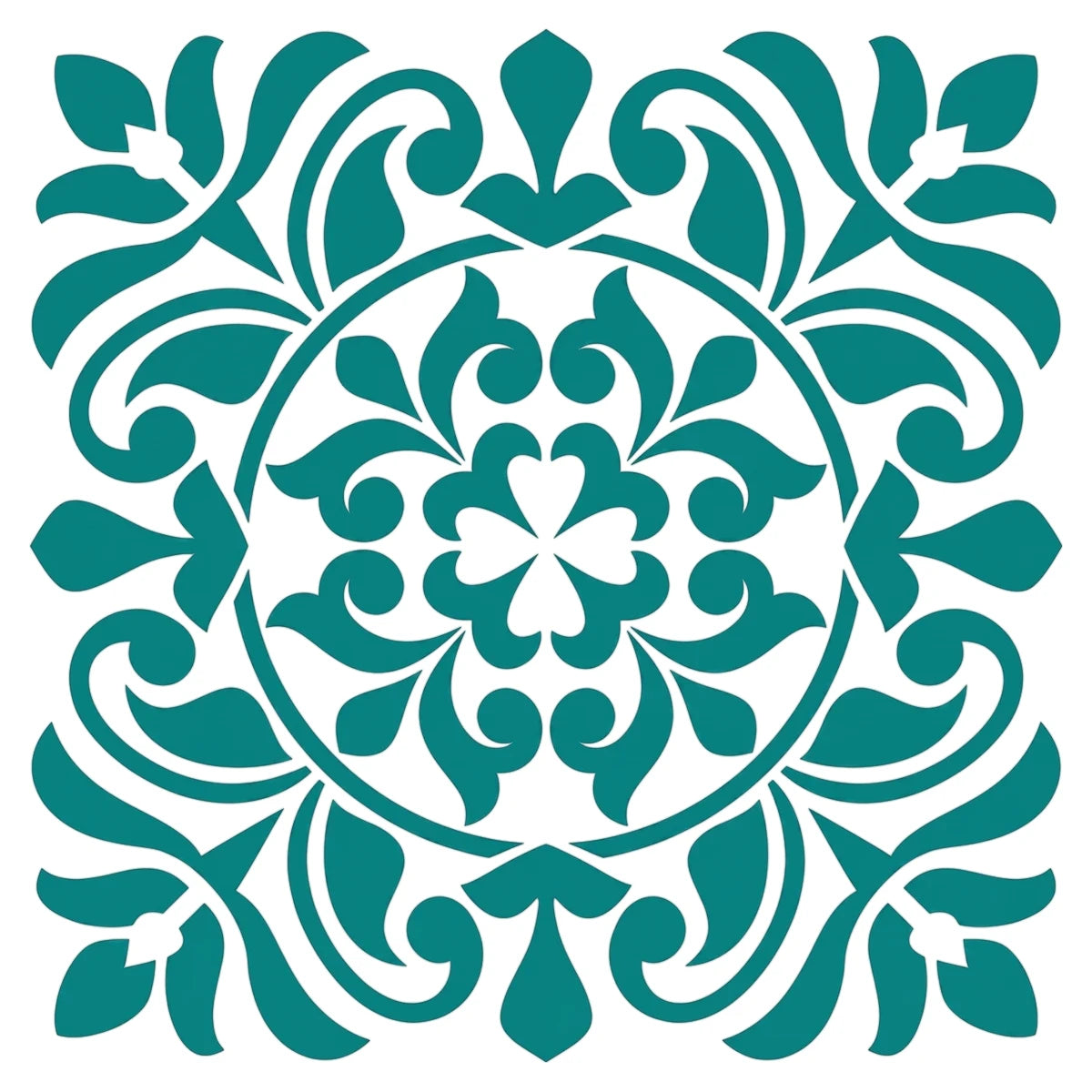 Teal square paint stencil featuring an intricate floral and scroll pattern, ideal for craft and home decor projects.