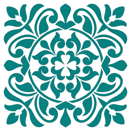 Teal square paint stencil featuring an intricate floral and scroll pattern, ideal for craft and home decor projects.