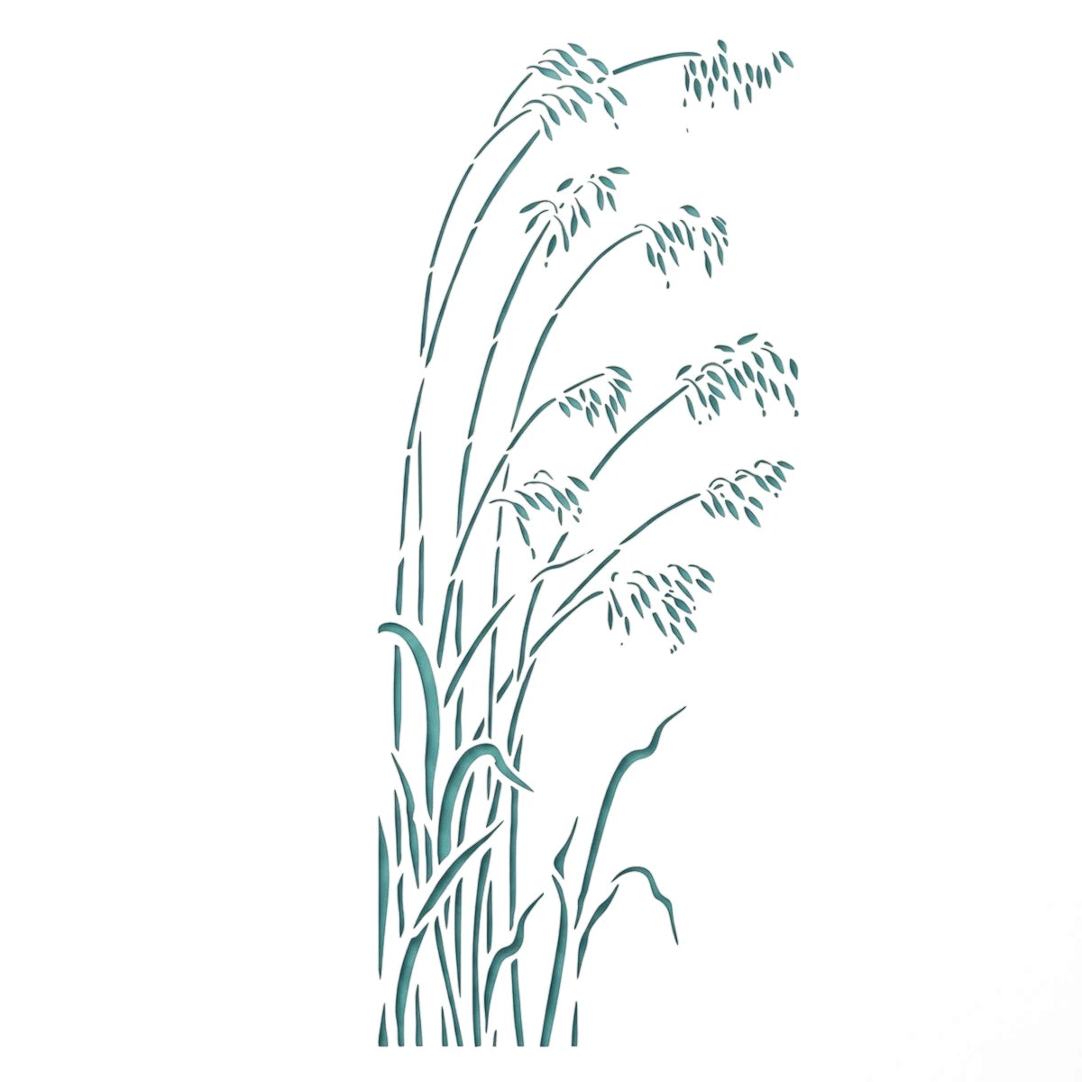Teal colored paint stencil featuring a design of tall grass or oat stalks with seed heads, swaying gently.