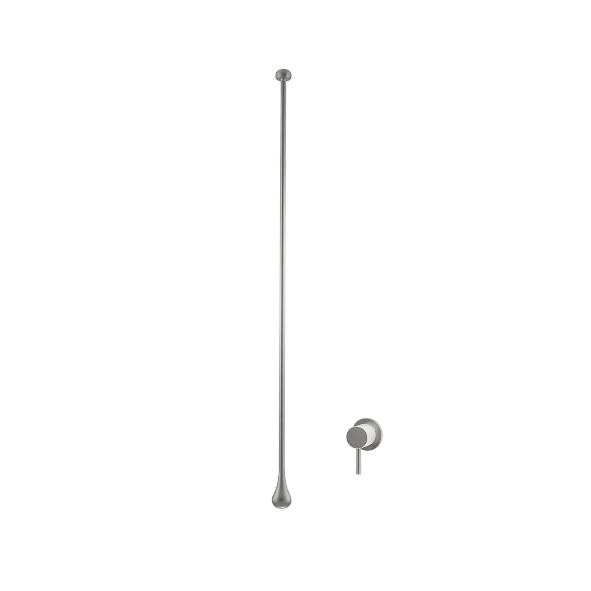Modern grey metallic tear drop inwall basin mixer with a long handle and a separate wall-mounted control knob.