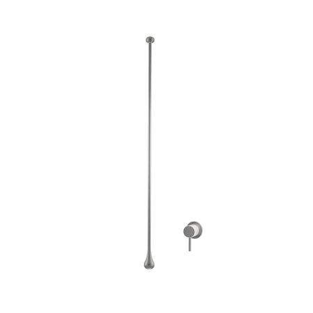 Modern grey metallic tear drop inwall basin mixer with a long handle and a separate wall-mounted control knob.