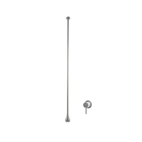 Modern grey metallic tear drop inwall basin mixer with a long handle and a separate wall-mounted control knob.
