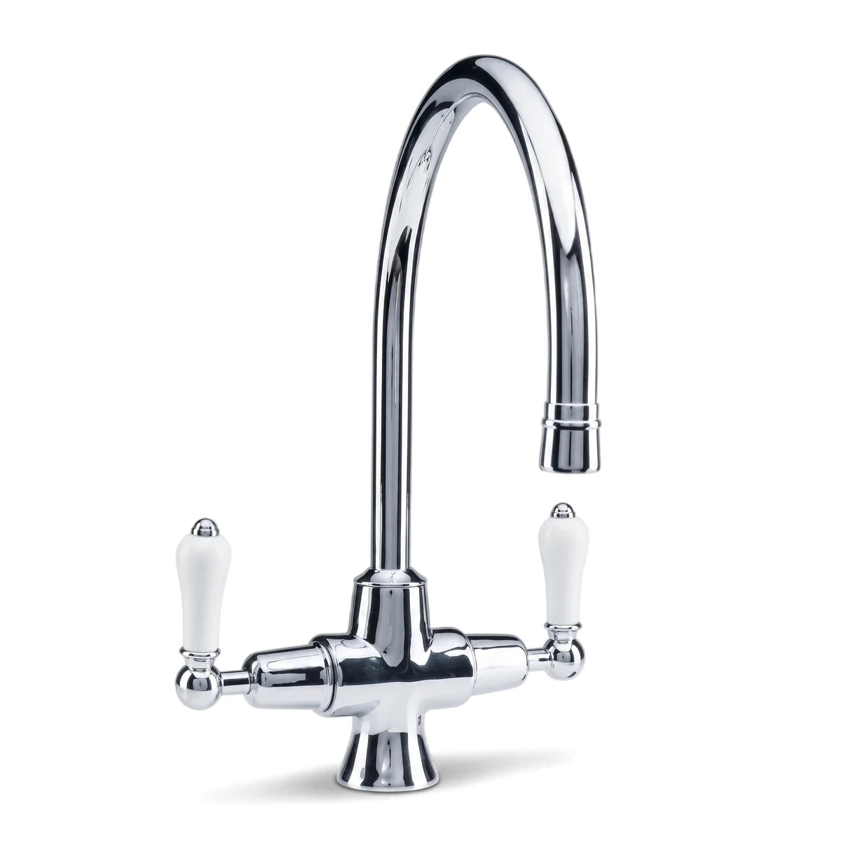 Chrome tear dropping kitchen mixer sink faucet with an arched spout and white ceramic handles on a clean white background.