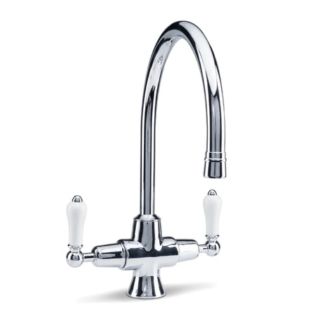 Chrome tear dropping kitchen mixer sink faucet with an arched spout and white ceramic handles on a clean white background.