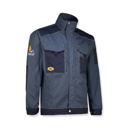 Air force blue Tech Gear acid and flame resistant work jacket with dark blue accents and yellow stitching, shown from a