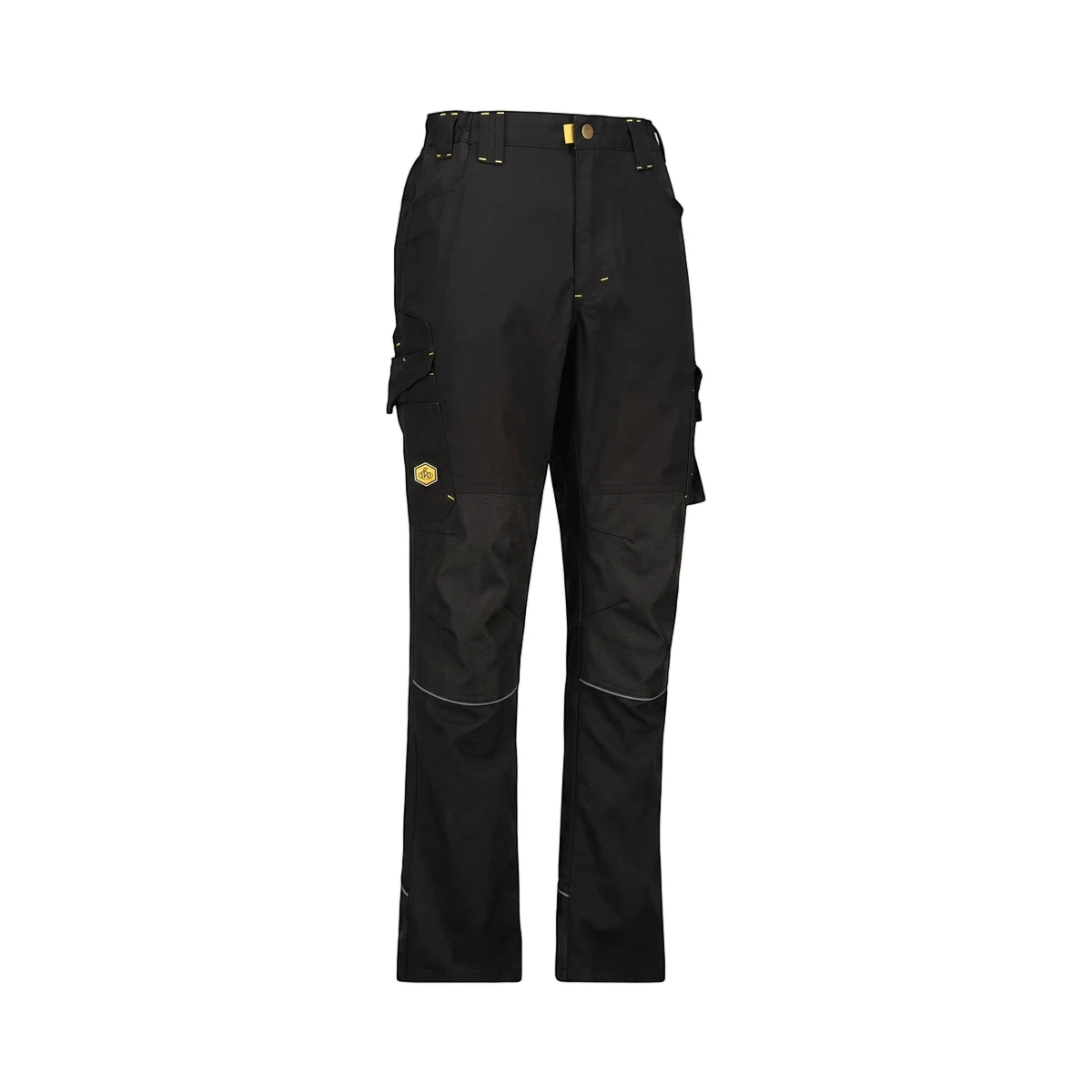Black Tech Gear men's work trousers featuring multiple utility pockets, reinforced knee patches, and reflective accents,