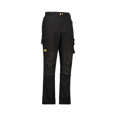 Black Tech Gear men's work trousers featuring multiple utility pockets, reinforced knee patches, and reflective accents,