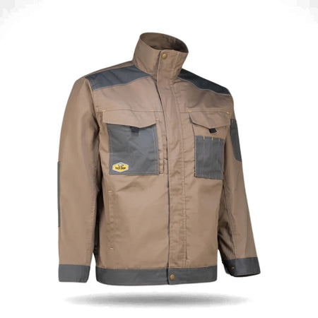Desert Dust Tech Gear work jacket with dark grey shoulders and multiple utility pockets, photographed from a front