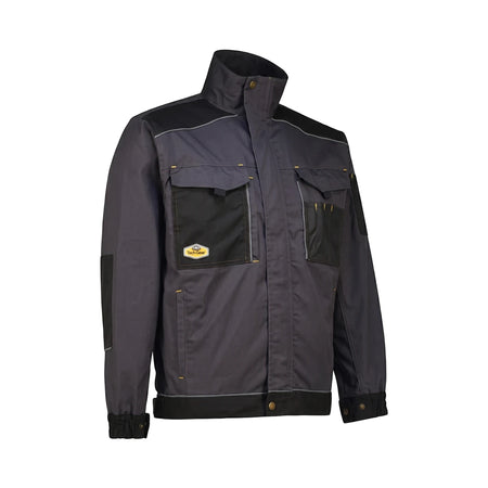 Tech Gear Work Jacket in gun metal with black contrast, yellow stitching, and utility pockets, designed for workwear.