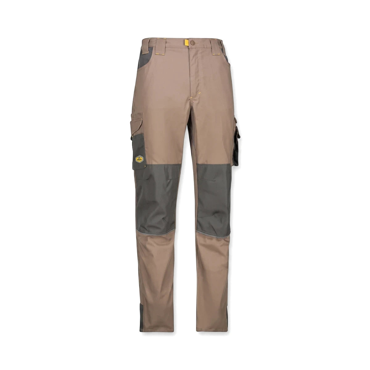 Tech Gear Work Trousers in desert dust beige with gray reinforced knee and cargo pockets, full view.