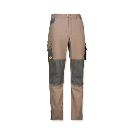 Tech Gear Work Trousers in desert dust beige with gray reinforced knee and cargo pockets, full view.