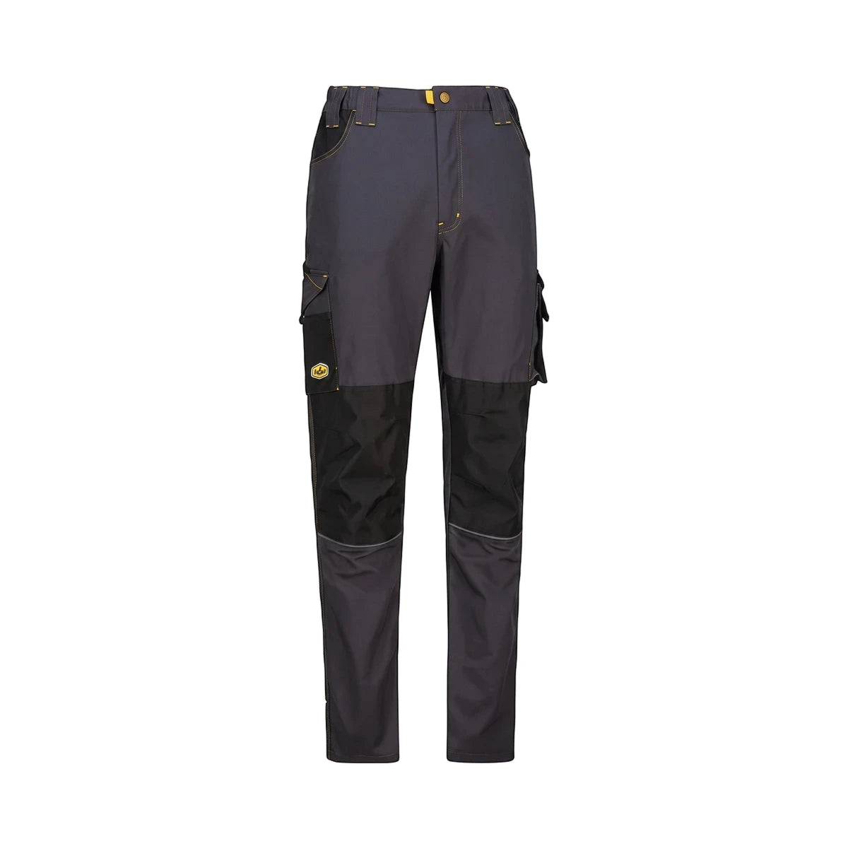 Men's Tech Gear Work Trousers in gun metal, featuring black reinforced knee panels and multiple cargo pockets, displayed