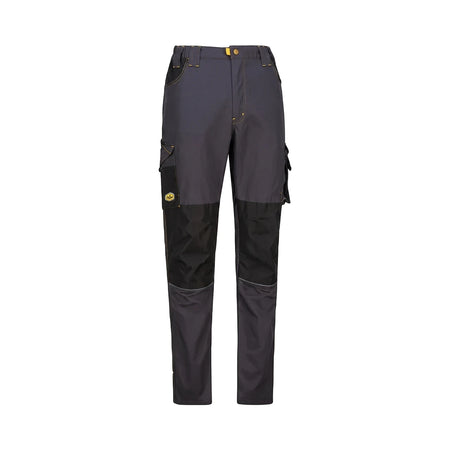 Men's Tech Gear Work Trousers in gun metal, featuring black reinforced knee panels and multiple cargo pockets, displayed