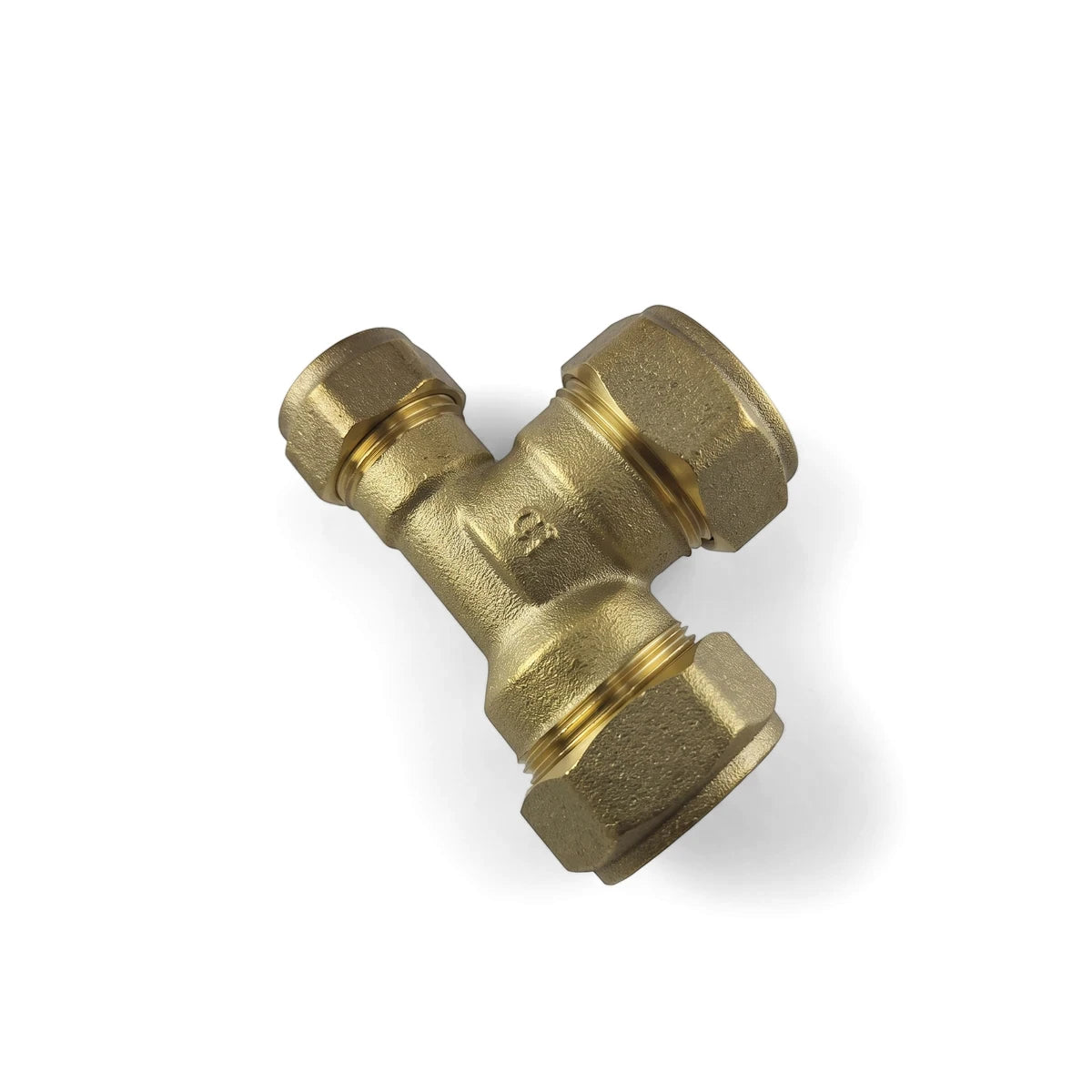 Brass Tee Unequal Cxc plumbing connector fitting for 22x15x22mm pipes, angled view on white background.