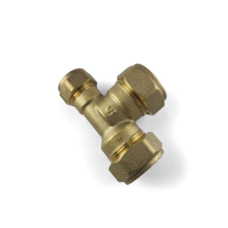 Brass Tee Unequal Cxc plumbing connector fitting for 22x15x22mm pipes, angled view on white background.