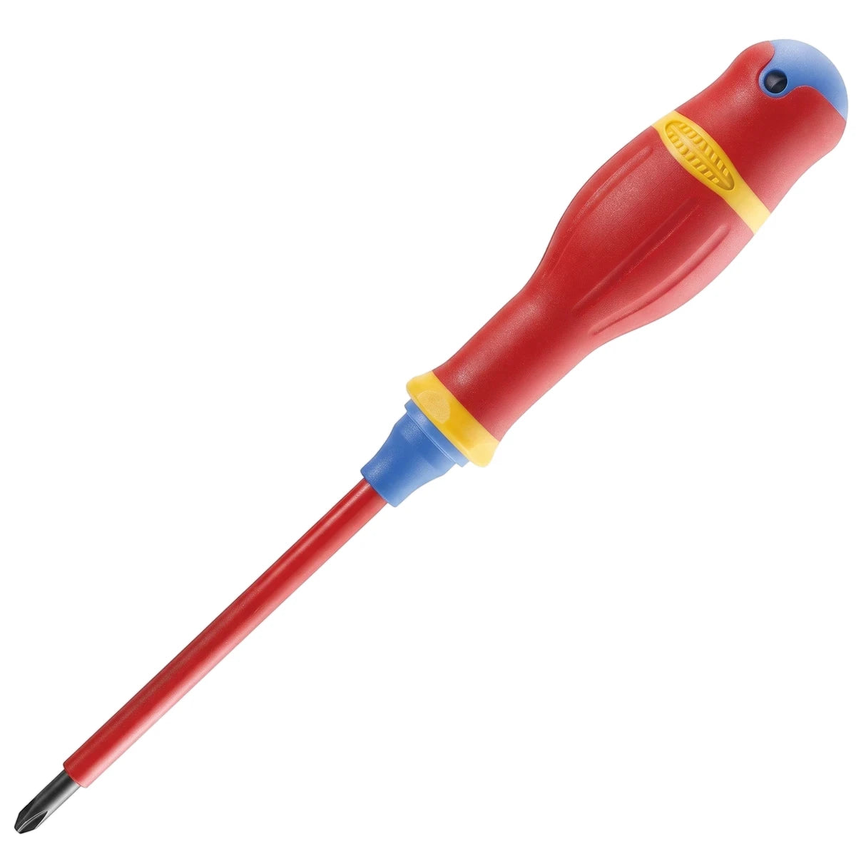 Terminal screwdriver with a red ergonomic handle and blue tip, designed for electronics assembly and maintenance.