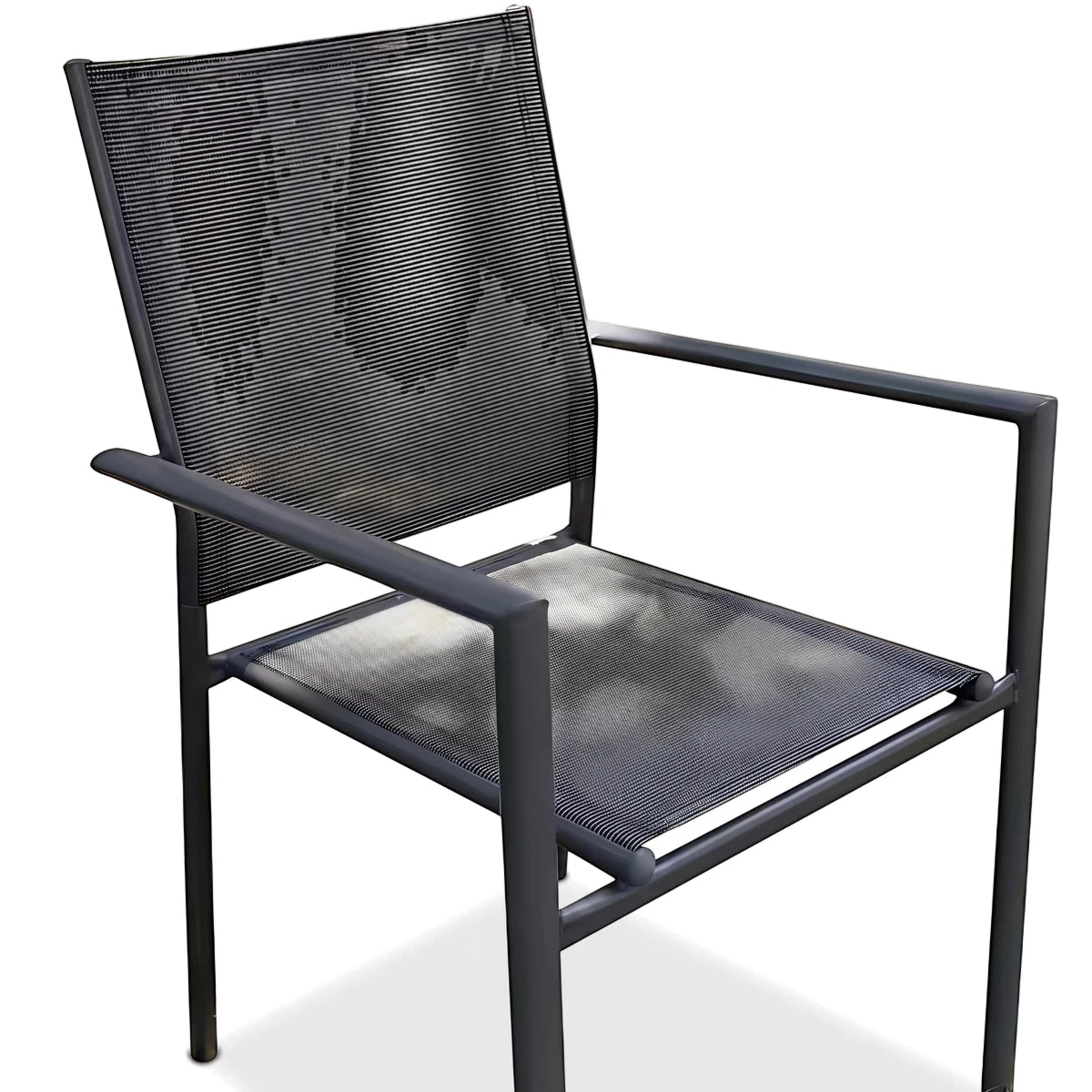 Dark grey Textilene patio dining chair with black mesh seat and back, featuring armrests and a sturdy square-tube frame.