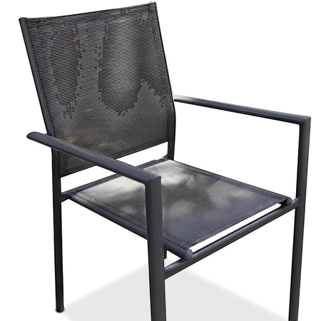 Dark grey Textilene patio dining chair with black mesh seat and back, featuring armrests and a sturdy square-tube frame.