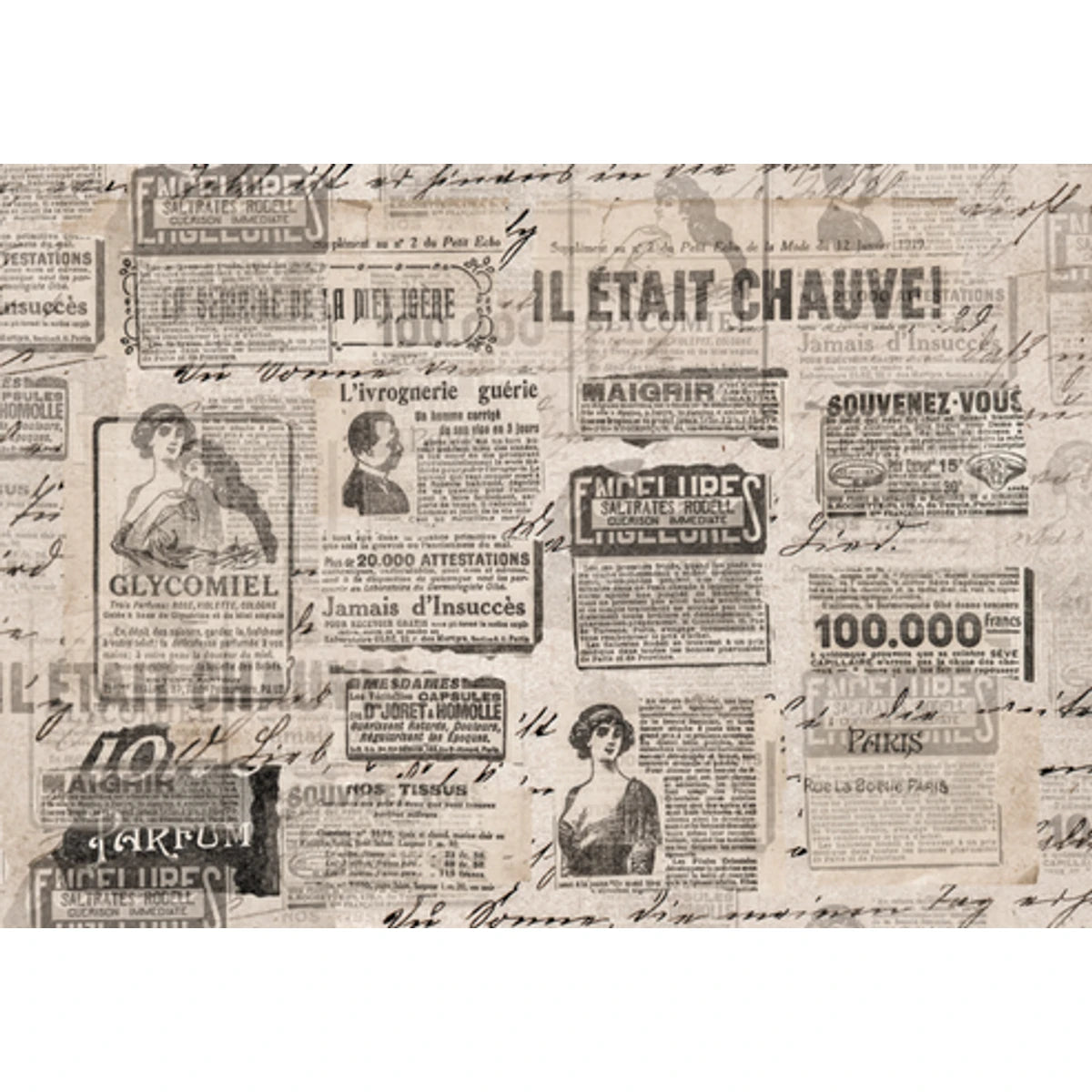 Vintage French newspaper decoupage sheet, textured with historical advertisements, handwritten script, and period