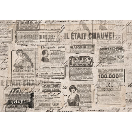 Vintage French newspaper decoupage sheet, textured with historical advertisements, handwritten script, and period