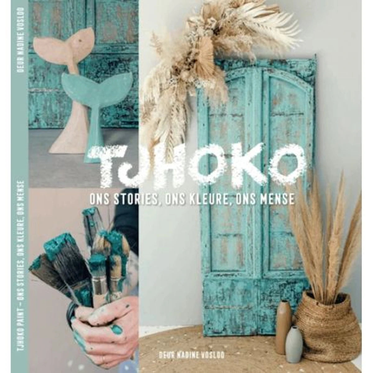 The Tjhoko Book, a hardcover book featuring a collage design with teal whale tails, paintbrushes, and distressed teal doors