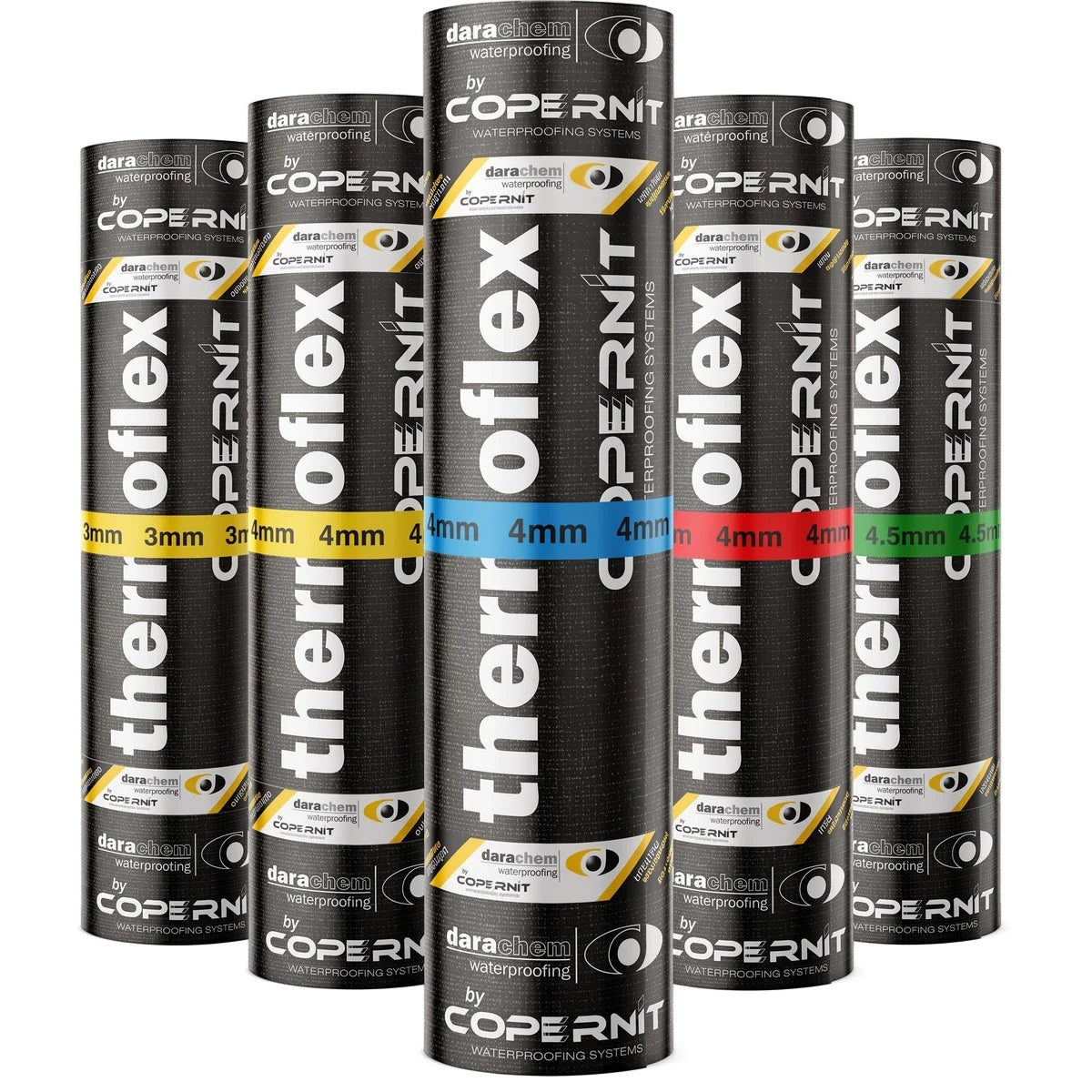 Black Thermoflex by Copernit waterproofing system rolls, featuring various thicknesses marked with colored bands.