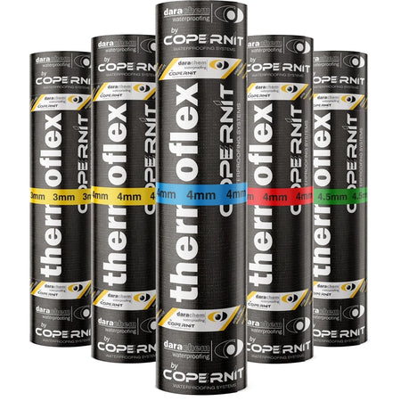 Black Thermoflex by Copernit waterproofing system rolls, featuring various thicknesses marked with colored bands.