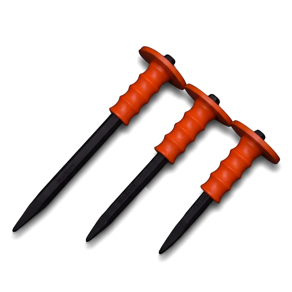 Three Chisel cold flat tools with bright orange ribbed handles and black metal bodies, arranged diagonally in a set.