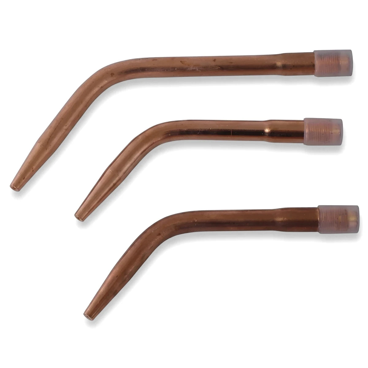 Three copper Swaged Nozzle No 3 Nozzels, bent and tapering, with clear caps, arranged diagonally on a white background.