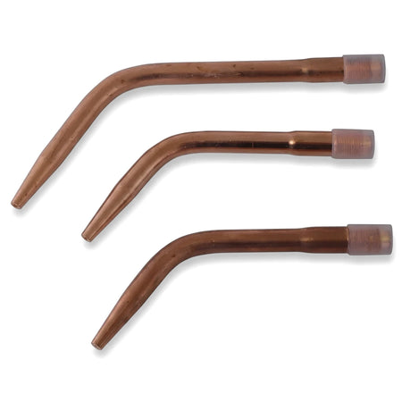 Three copper Swaged Nozzle No 3 Nozzels, bent and tapering, with clear caps, arranged diagonally on a white background.