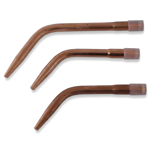 Three copper Swaged Nozzle No 3 Nozzels, bent and tapering, with clear caps, arranged diagonally on a white background.