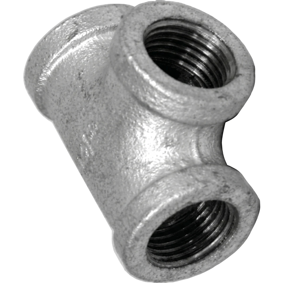 3/4 inch galvanized steel tee pipe fitting with three threaded female connections, angled view on a white background.