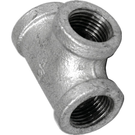 3/4 inch galvanized steel tee pipe fitting with three threaded female connections, angled view on a white background.
