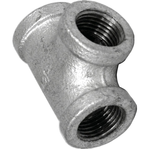 3/4 inch galvanized steel tee pipe fitting with three threaded female connections, angled view on a white background.