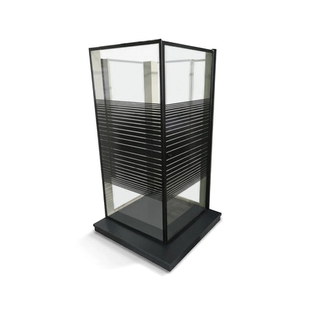 Tile and Style corner square shower enclosure 900x900 with black frames and horizontal stripes on clear glass panels.