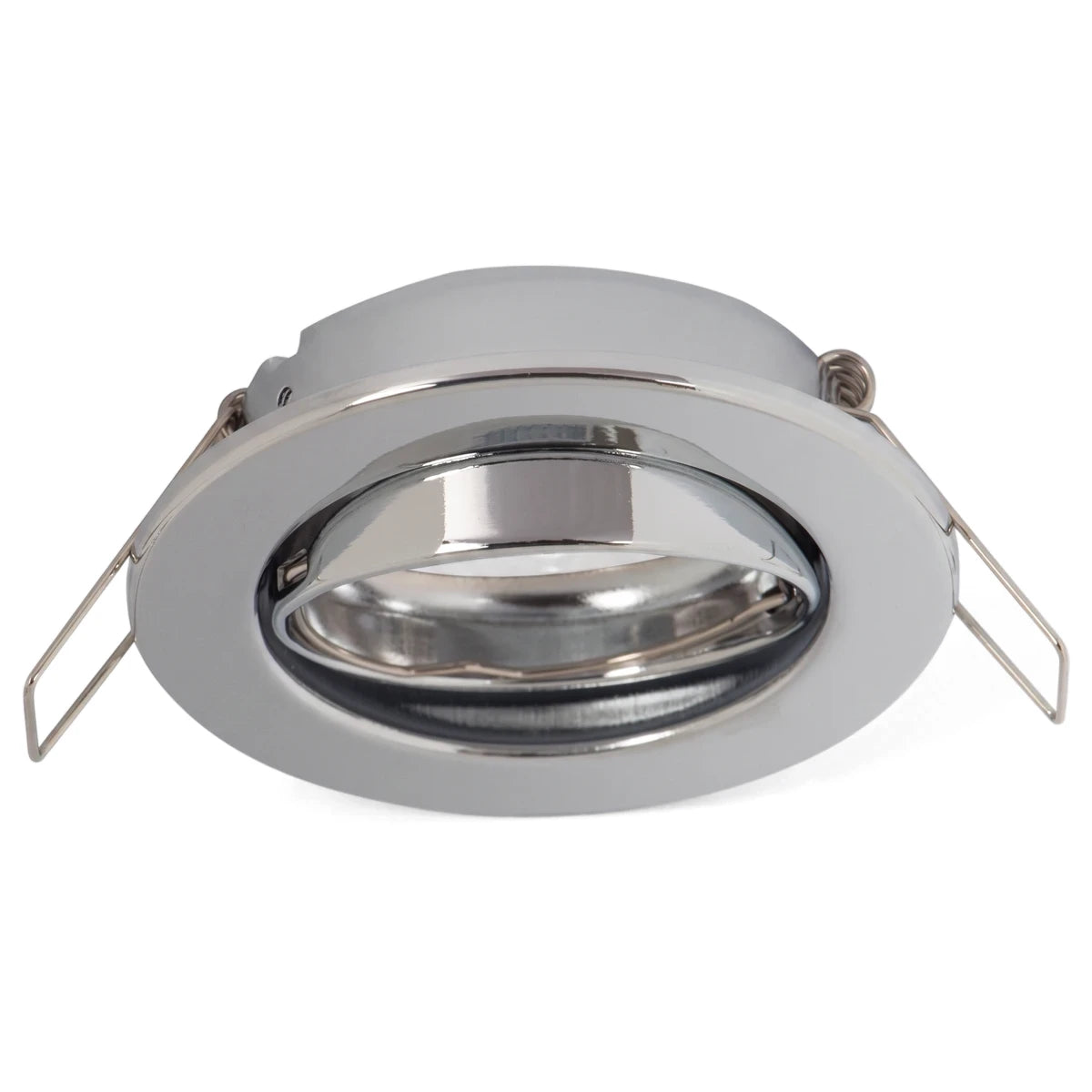 Tilt Chrome Pressed Metal Downlight Fitting, shown angled from the front, highlighting its reflective finish and adjustable
