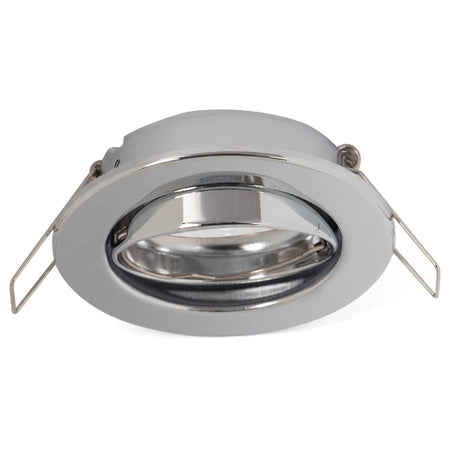 Tilt Chrome Pressed Metal Downlight Fitting, shown angled from the front, highlighting its reflective finish and adjustable