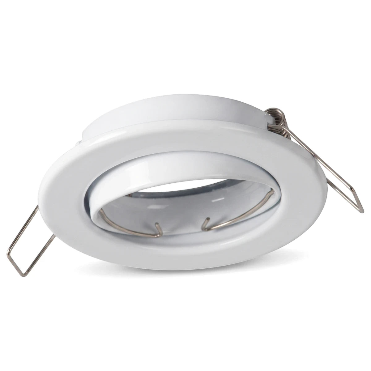 White tiltable pressed metal downlight fitting without a lampholder, viewed from an angle.