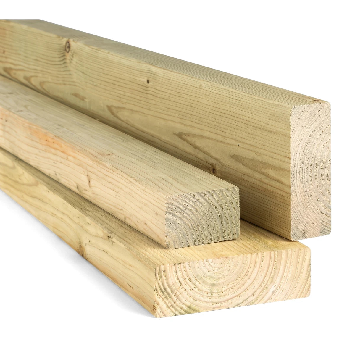 Three pieces of light green pressure-treated timber, showcasing their rectangular shape and visible wood grain, stacked