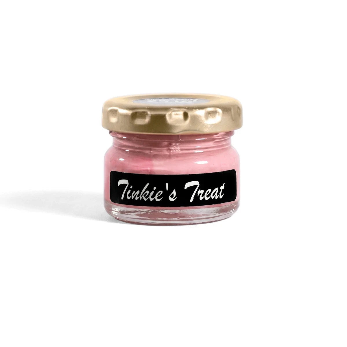 Tinkie's Treat 25ml pink chalk paint in a clear glass jar with a gold lid, resting on a light wooden shelf.