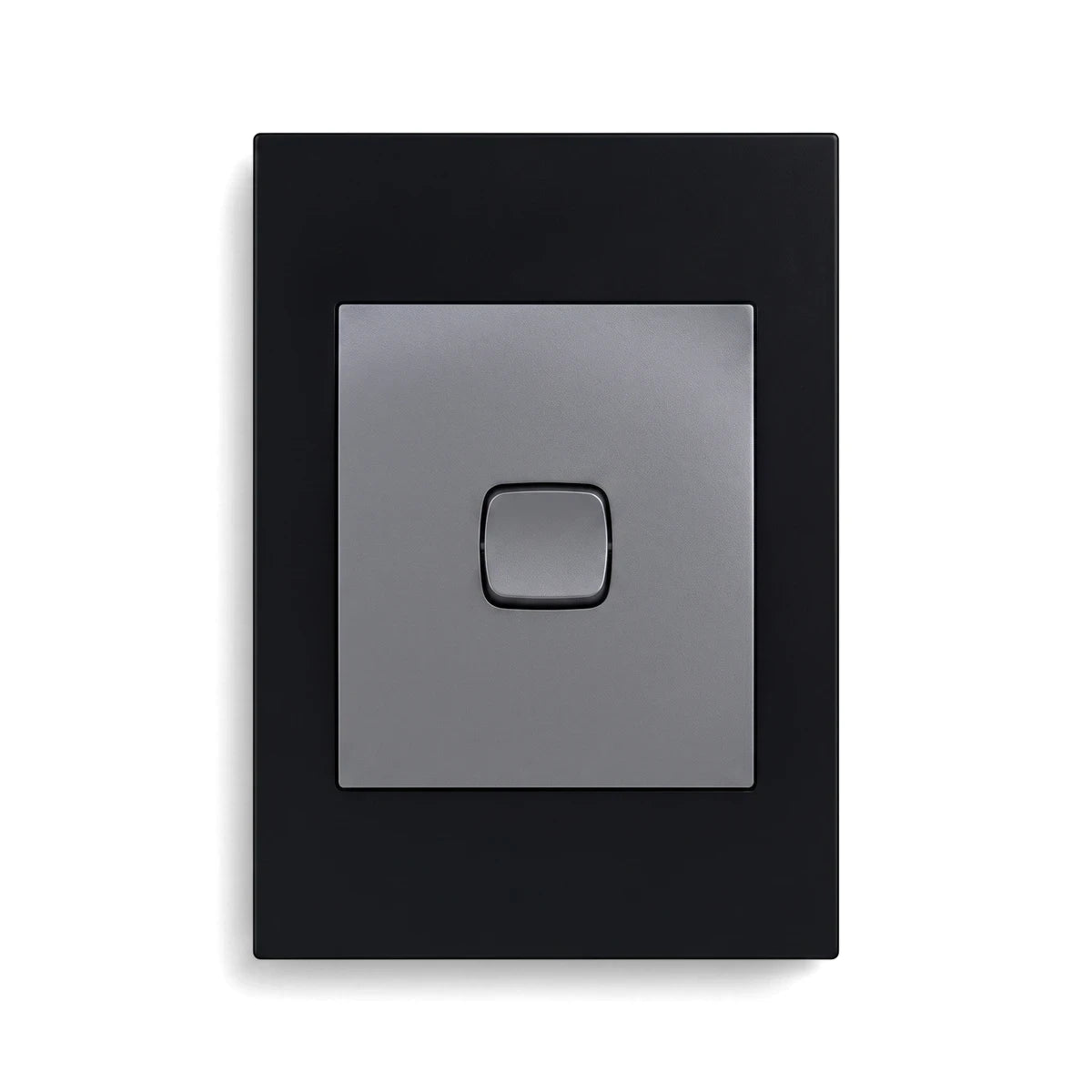 Titan 1L assembled switch cover plate in black and gray, featuring a single switch on a rectangular design.