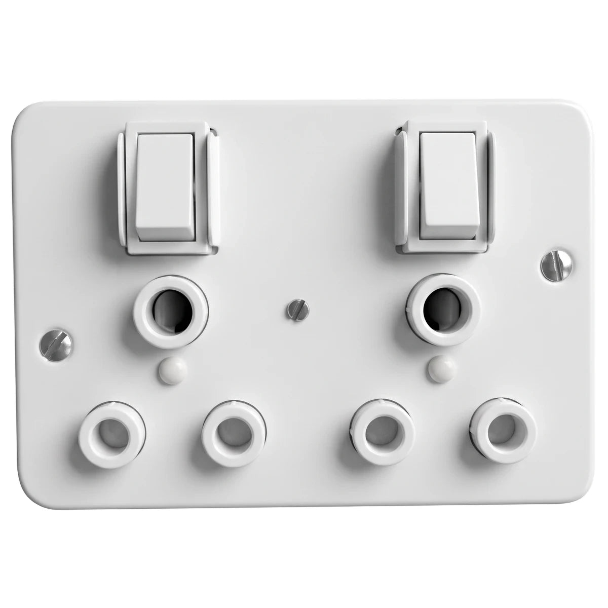 White Titan double industrial socket, featuring two switches and multiple circular ports for electrical connections.
