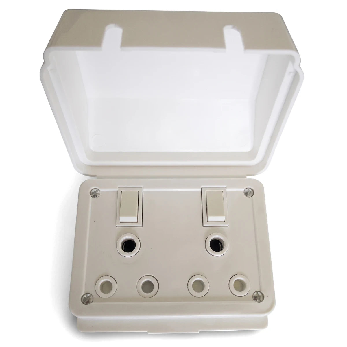 White Titan weatherproof double socket with an open protective cover, revealing two switches and two main socket