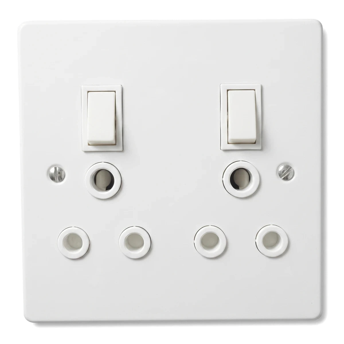 White square Titan Duo Switch Socket and Plate assembled switch cover plate with two rocker switches and multiple wiring