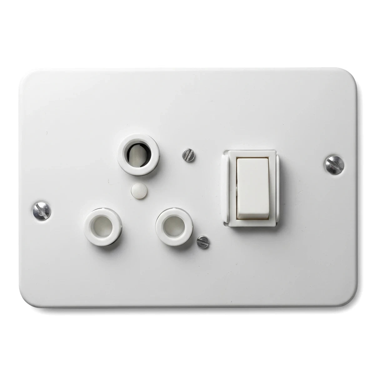 White Titan single industrial socket plate with three round sockets and one rectangular switch for electrical connections.