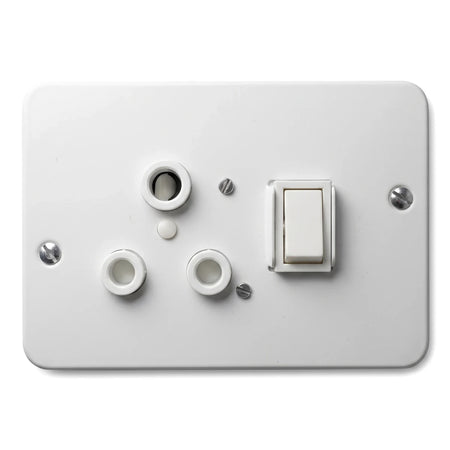 White Titan single industrial socket plate with three round sockets and one rectangular switch for electrical connections.