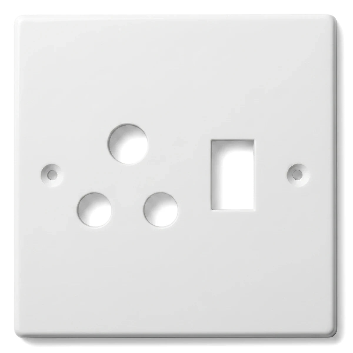 White Titan single switch and socket cover plate, featuring a square design with pre-drilled holes for electrical components.